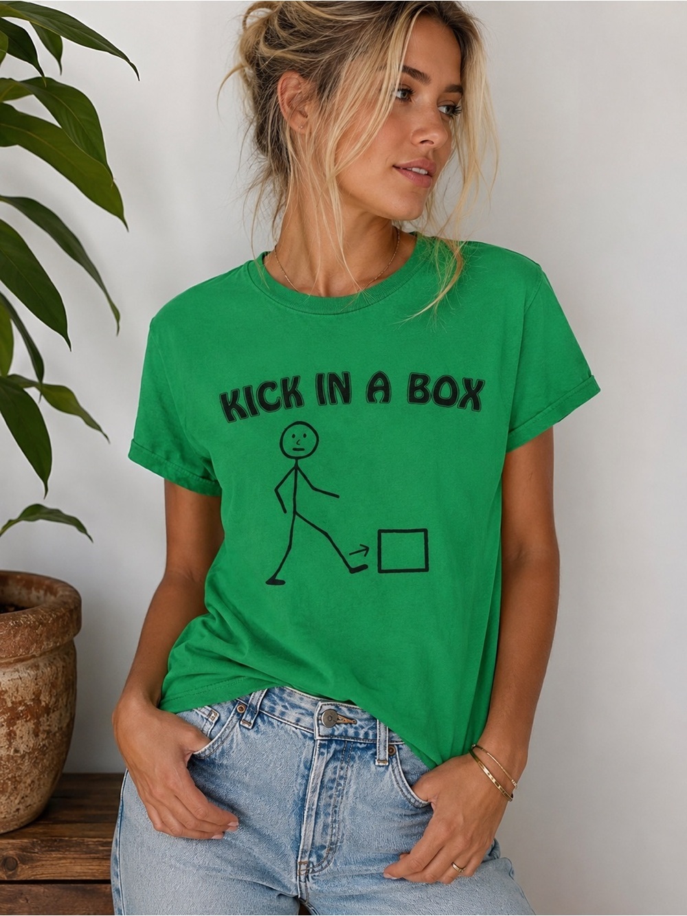 Kick in a Box Graphic T-Shirt Green Stick Figure Humor Tee Size M 100% Cotton